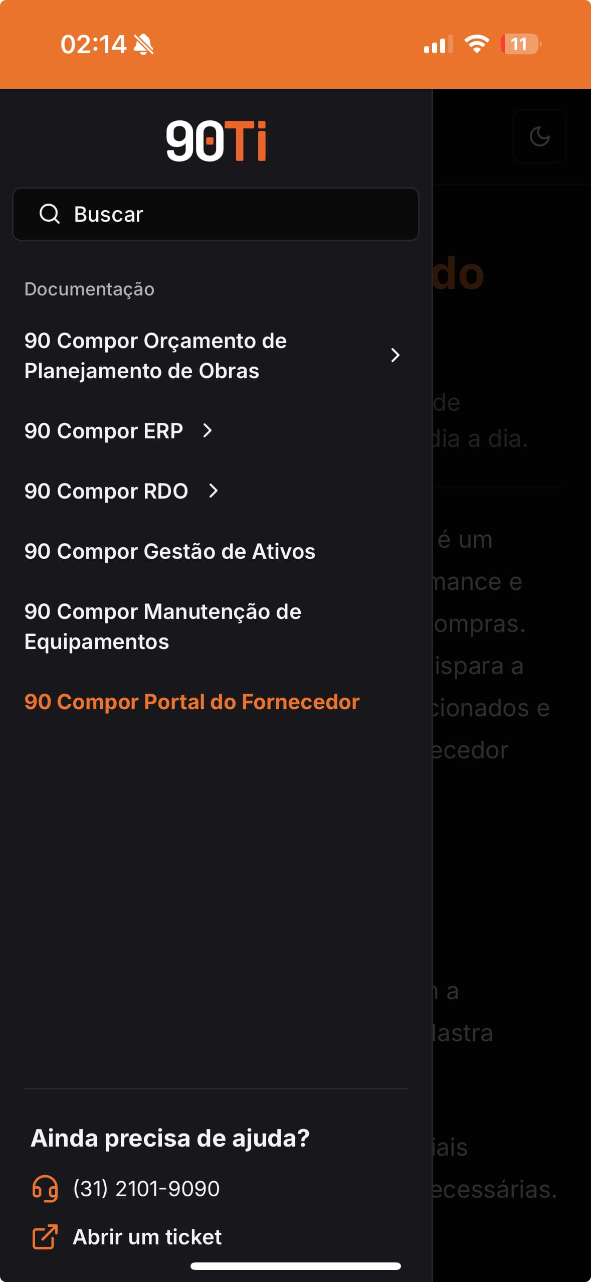 Sidebar navigation in 90TI Docs on a mobile device